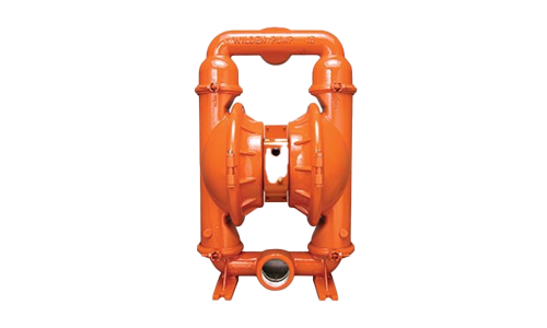 A close up of an orange pump on a white background.