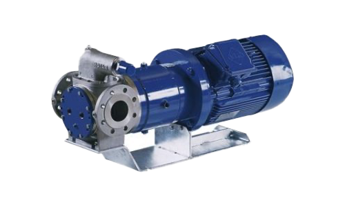 A blue pump with a motor attached to it is sitting on a metal stand.
