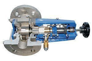 A close up of a blue and stainless steel pump on a white background.
