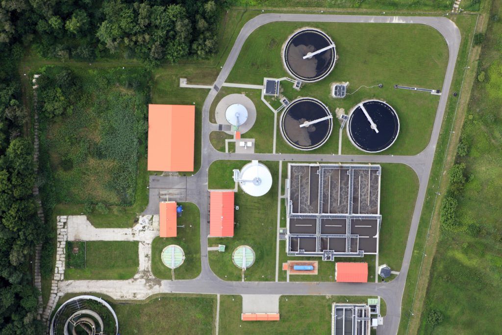An aerial view of a sewage treatment plant