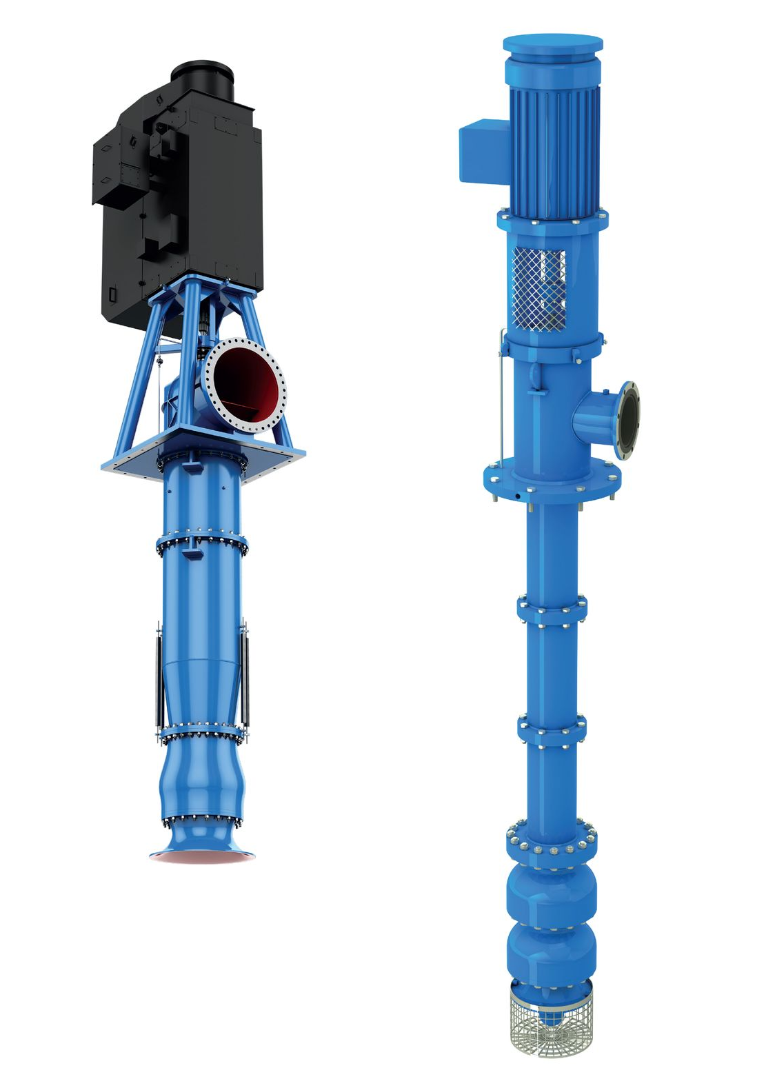 A blue water pump with a motor attached to it on a white background.