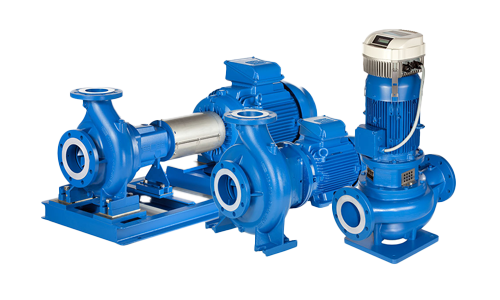 Three blue pumps are sitting next to each other on a white background.