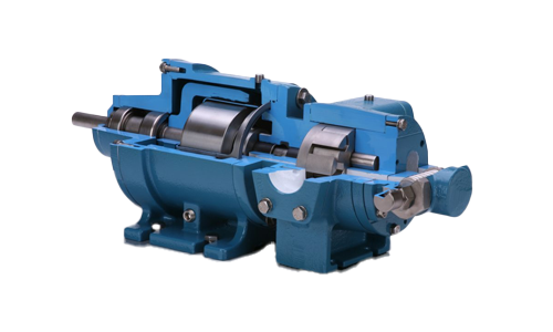A blue pump is cut in half on a white background.
