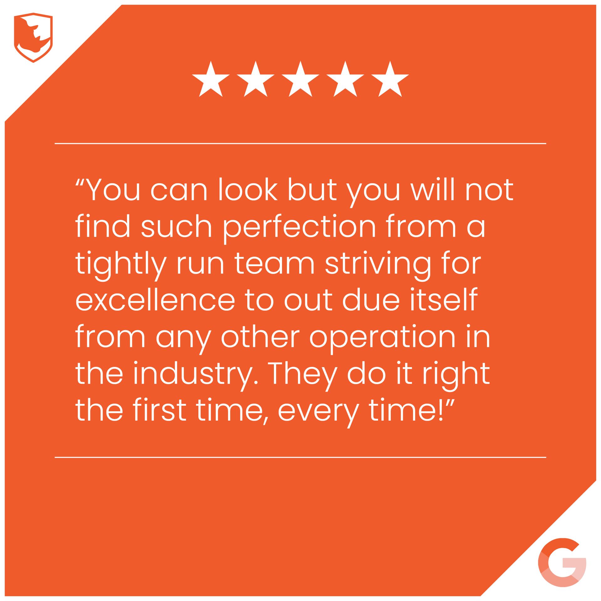 Customer testimonial with five stars on an orange background. Quote praises a team's perfection and excellence.