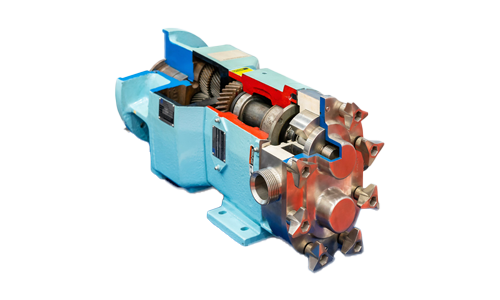A close up of a blue and red machine on a white background.