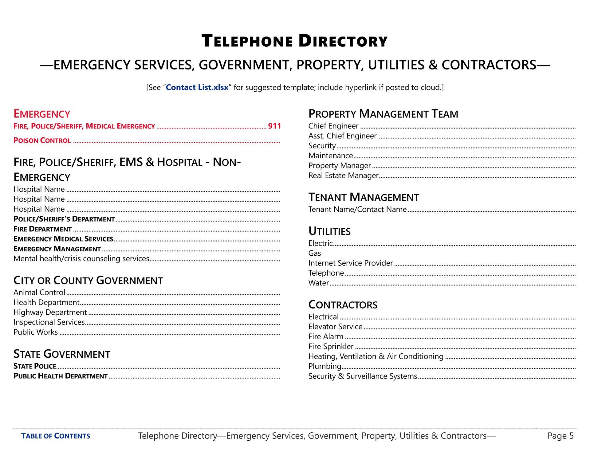 Telephone directory from an emergency operations plan