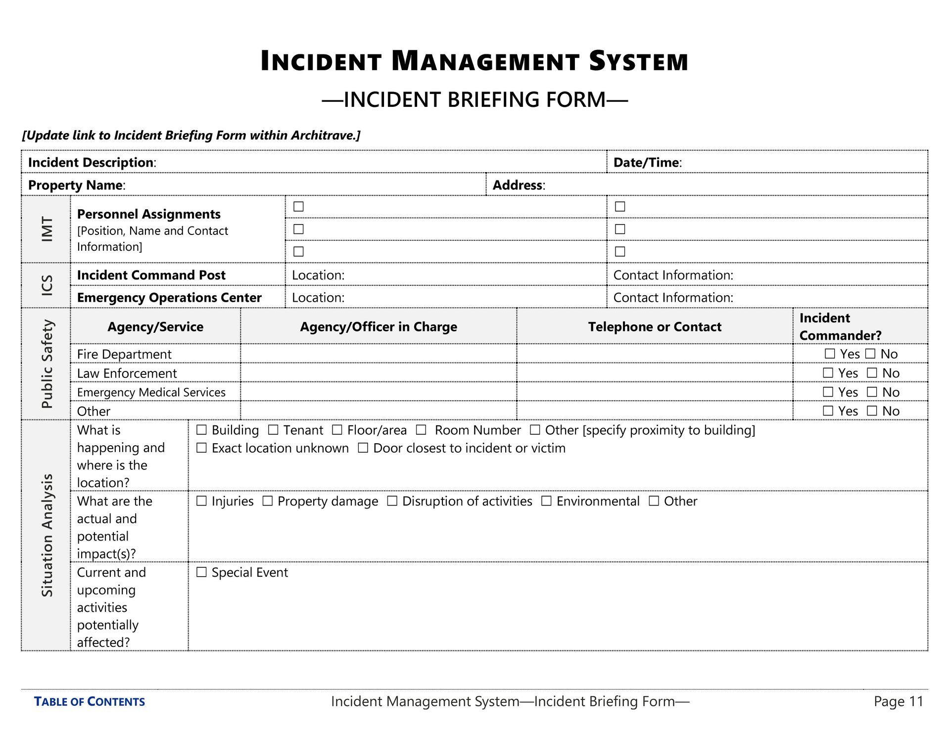 Incident briefing form from an emergency operations plan