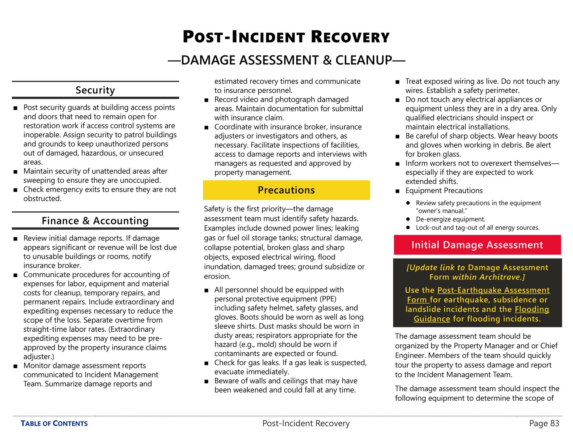 Damage assessment and cleanup guidance from an emergency operations plan