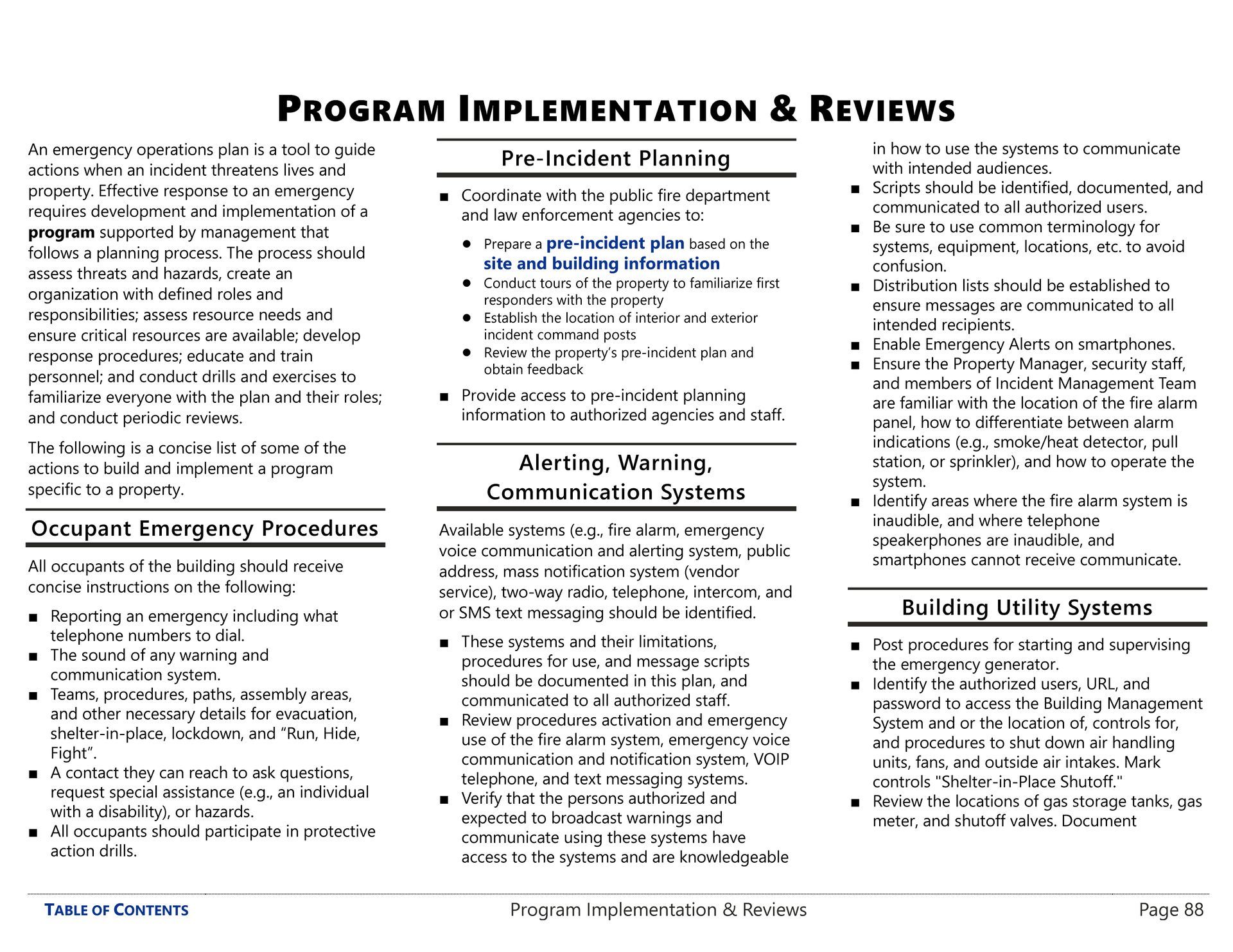 Program implementation and reviews guidance from an emergency operations plan