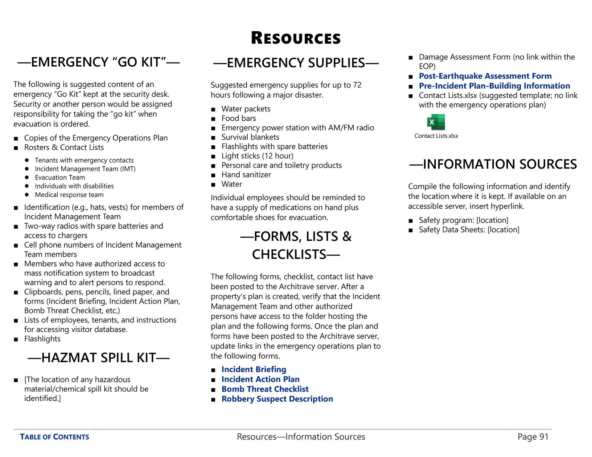 Information pertaining to resources that may be needed for incident response from an emergency operations plan