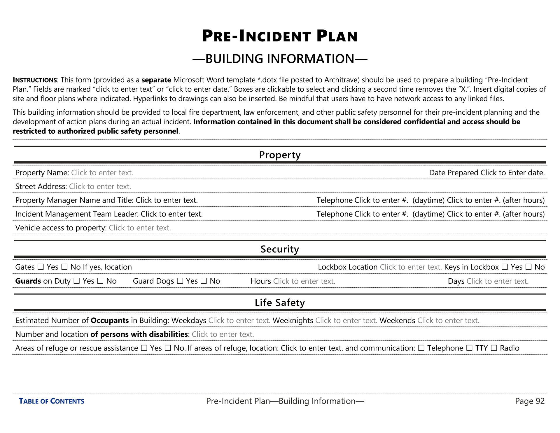 Building information form that is part of a pre-incident plan from an emergency operations plan