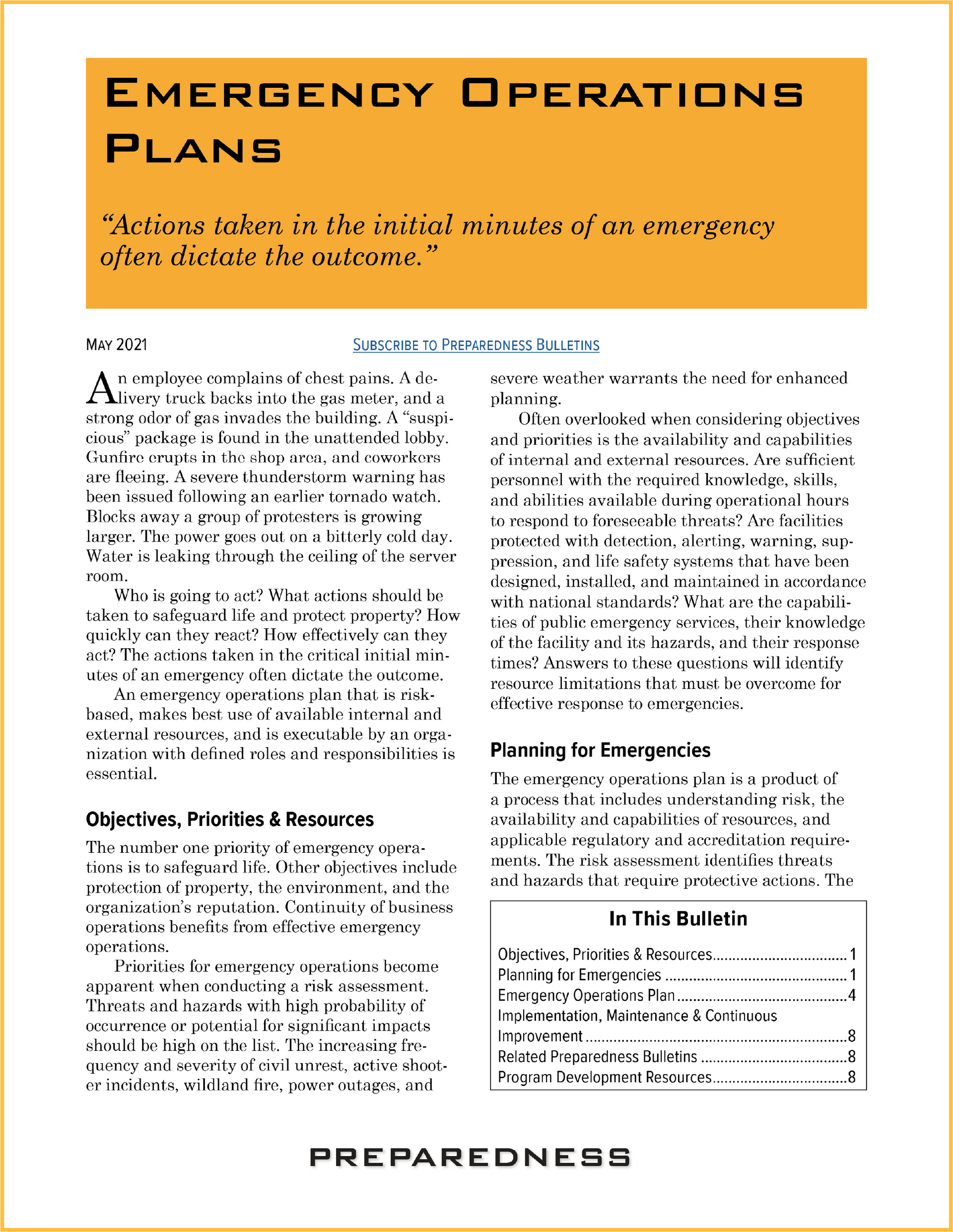 Preparedness Bulletin Emergency Operations Plans