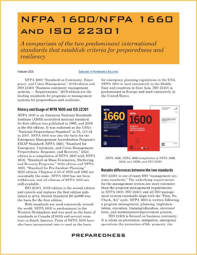 Preparedness Bulletin: NFPA 1600 NFPA 1660 ISO 22301 Compared