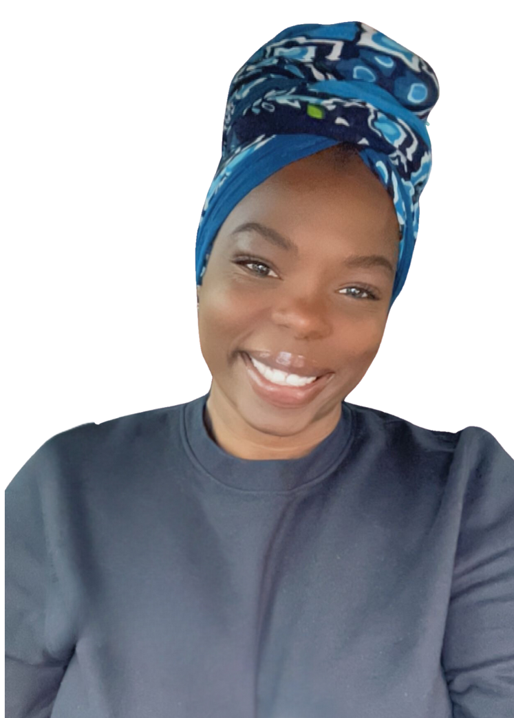 A woman wearing a blue head scarf is smiling for the camera.