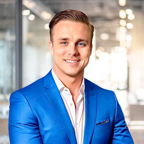 A man in a blue suit selling and buying homes in real estate