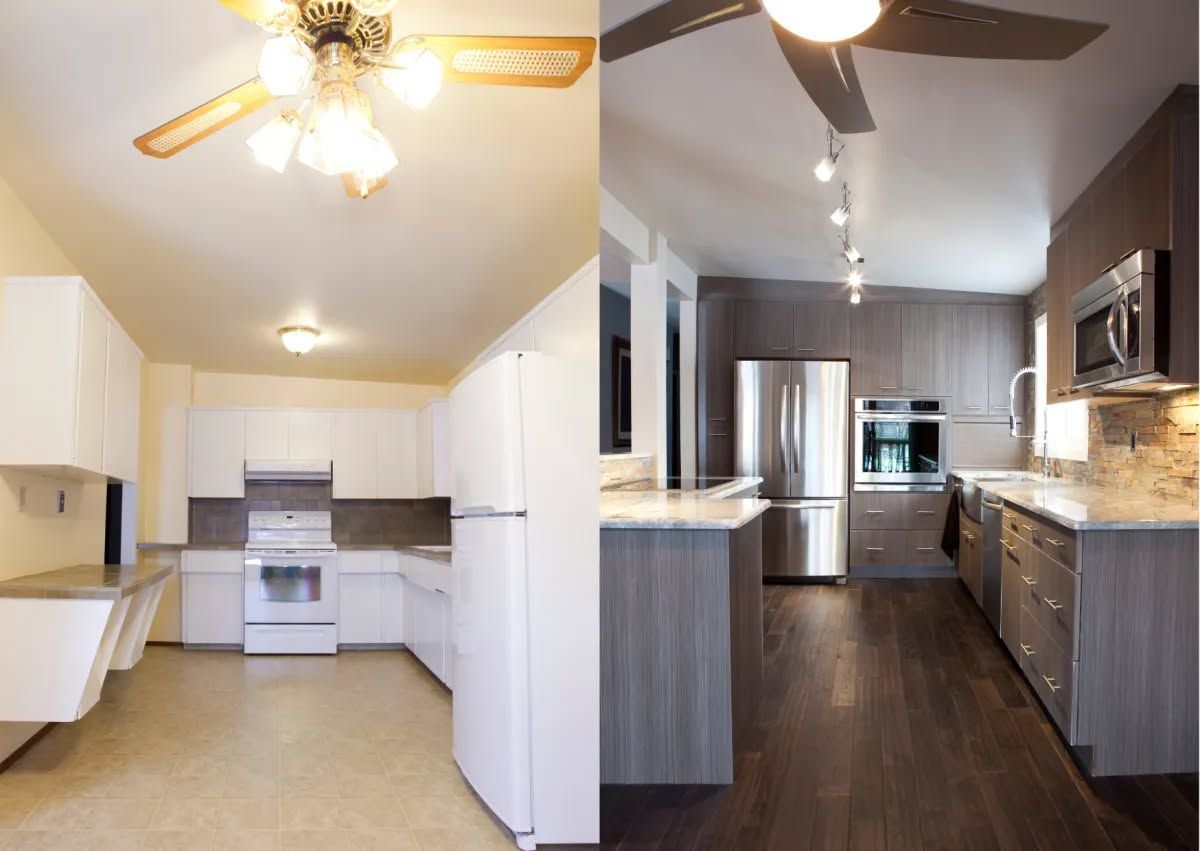 Before and after photos of a kitchen remodel: white cabinets to gray, with stainless steel appliances and new flooring.