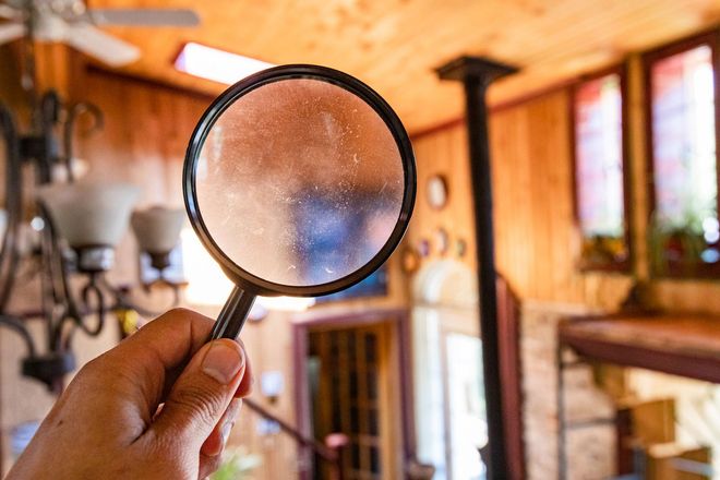 A person is holding a magnifying glass in a room.