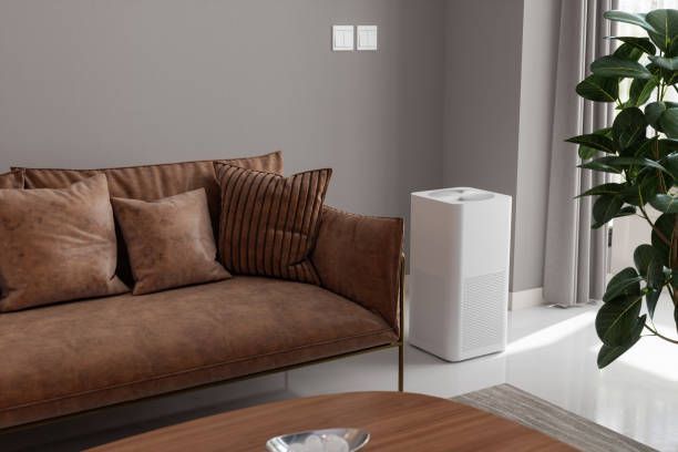 A living room with a brown couch and a white air purifier