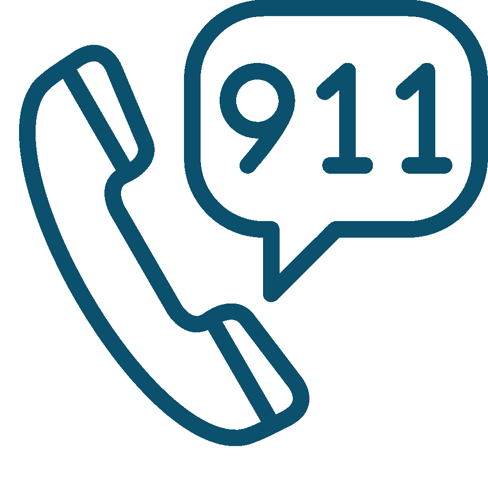 Blue phone icon with “911” in a speech bubble, indicating emergency call support