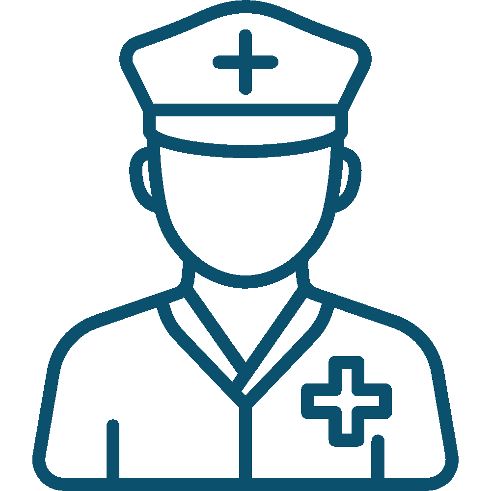 Line-art icon of a nurse in a white uniform with a blue medical cross on the cap and chest