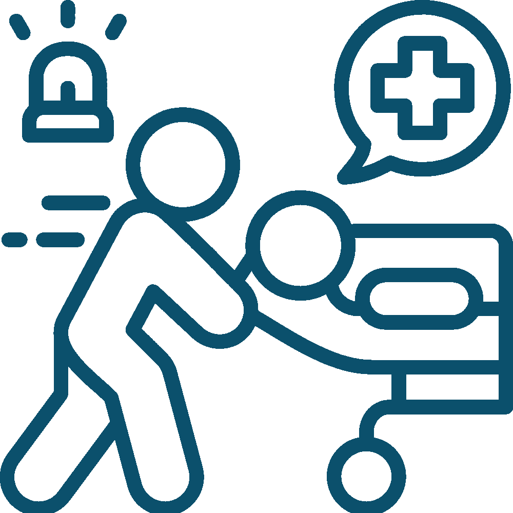 Healthcare icon of a person assisting a patient in a wheelchair, with a lock and medical cross symbol