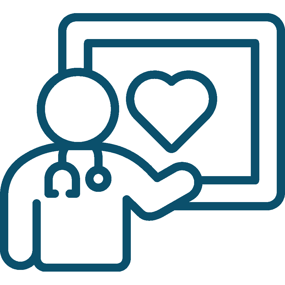 Doctor icon pointing to a heart on a medical monitor in blue outline
