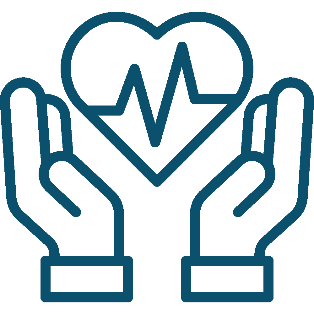 Hands holding a heart with a heartbeat line icon in blue outline