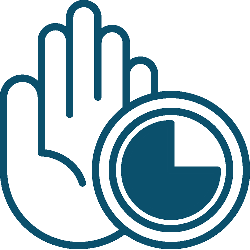 Blue hand icon with a circular clock or timer symbol overlay