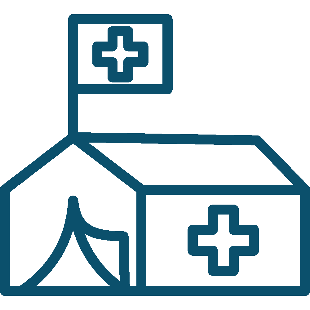 White hospital building with a medical cross and a flag, outlined in teal.