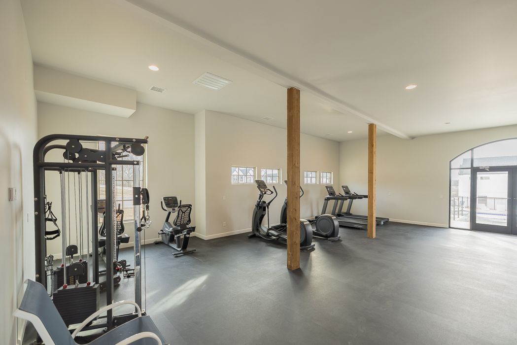 Gym with weight machine, ellipticals, treadmill, and natural light from windows and a door.