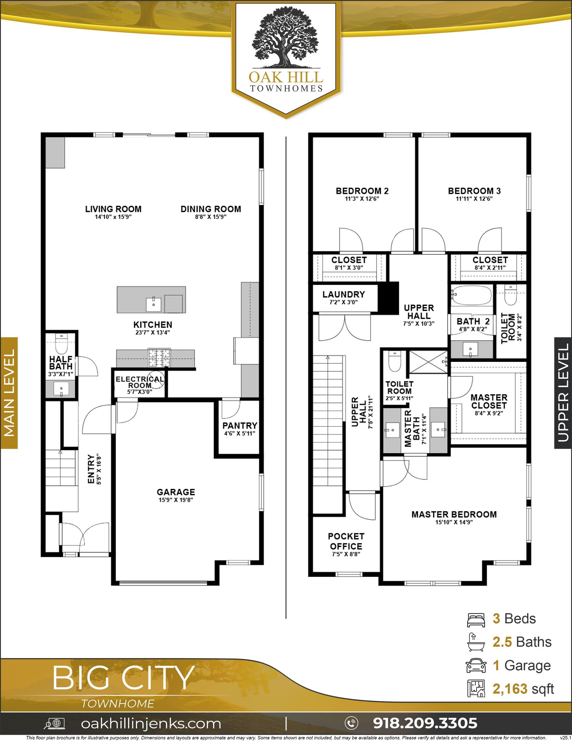 Floor plan of a Big City townhouse, featuring two stories and a garage.