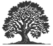 Mature oak tree with thick trunk and full canopy.