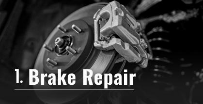 Close-up of a car brake system; a rotor, caliper, and pads. Text says 