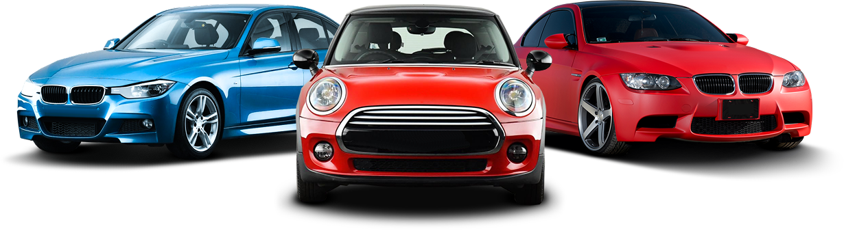 Three cars: blue sedan, red Mini Cooper, and red sedan, side-by-side against a white background.  | Integrity Auto Repair