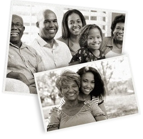 A black and white photo of a family with two children.