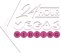 Logo for 24 Hour Vegas Wedding. Includes text and stylized waves, with a magenta circle spelling out 