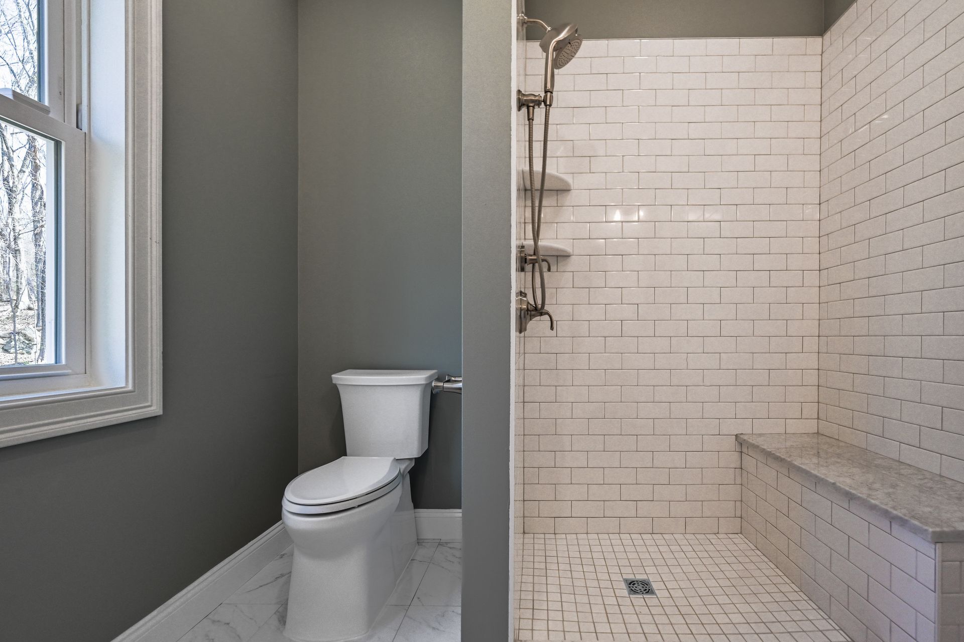 A bathroom with a toilet and a walk in shower.