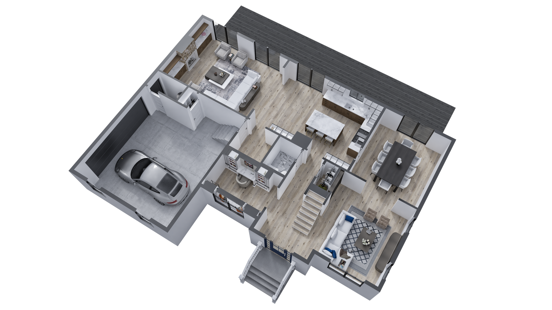 A 3d floor plan of a house with a car in the garage