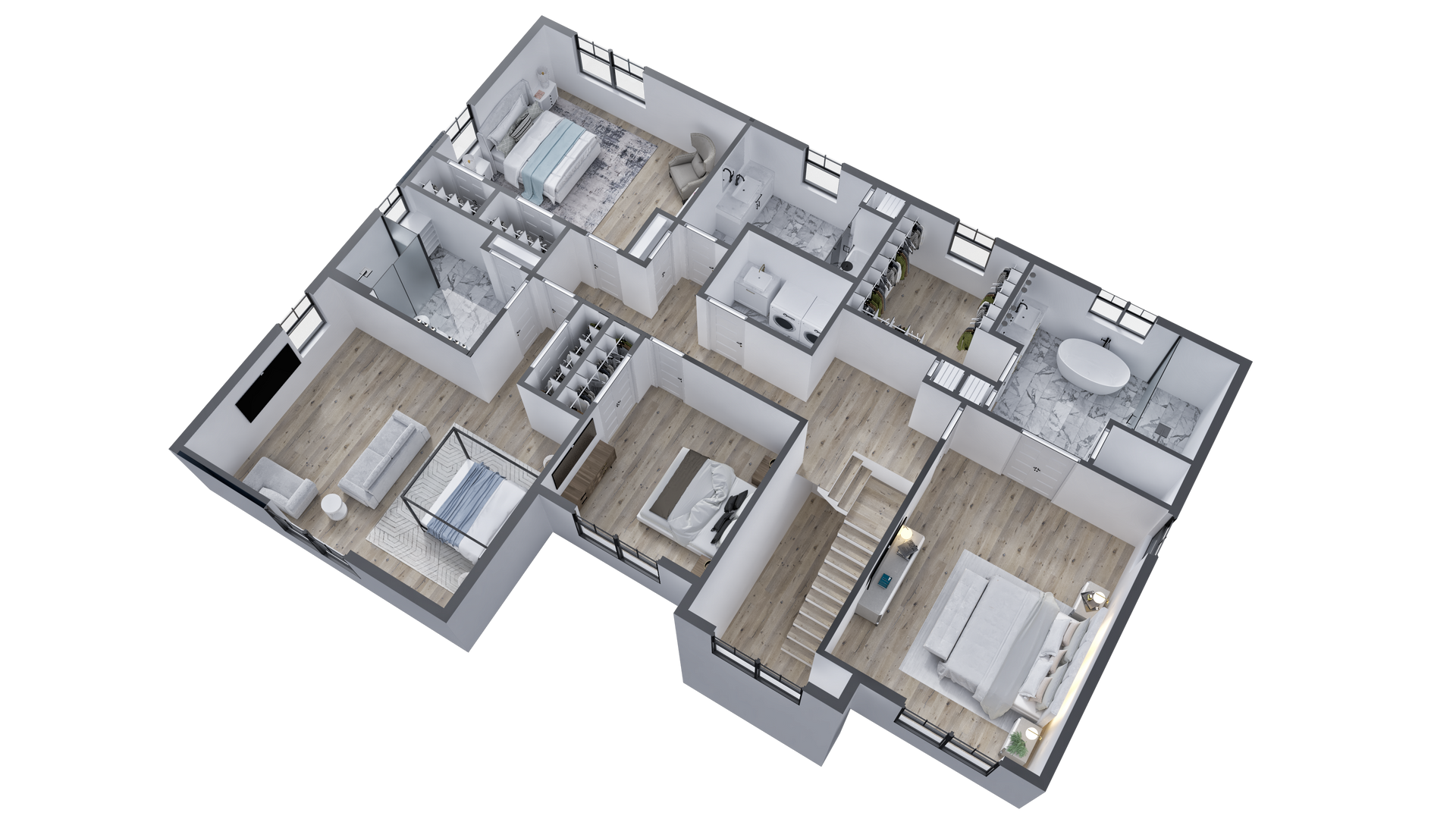 An aerial view of a floor plan of a house.