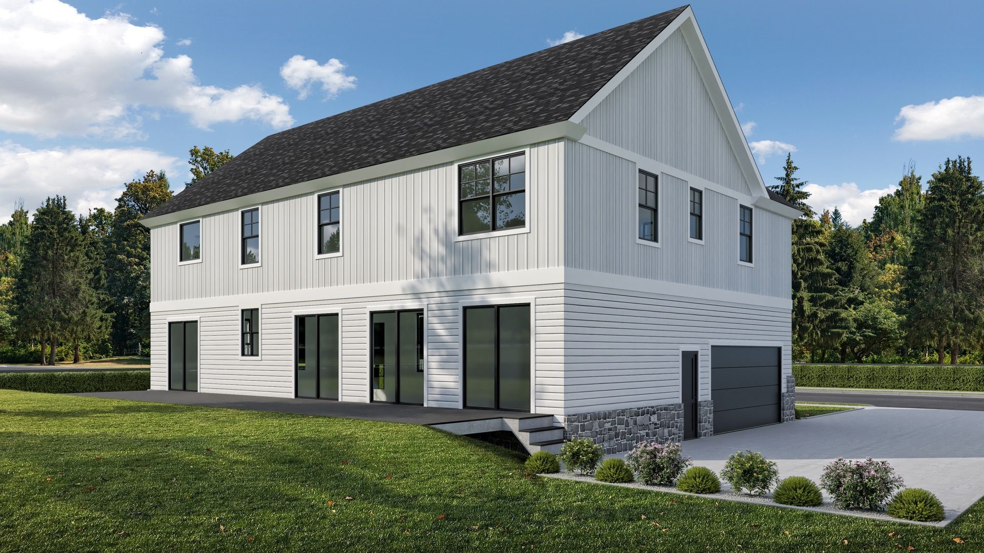 An artist 's impression of a white house with a black roof and a garage.