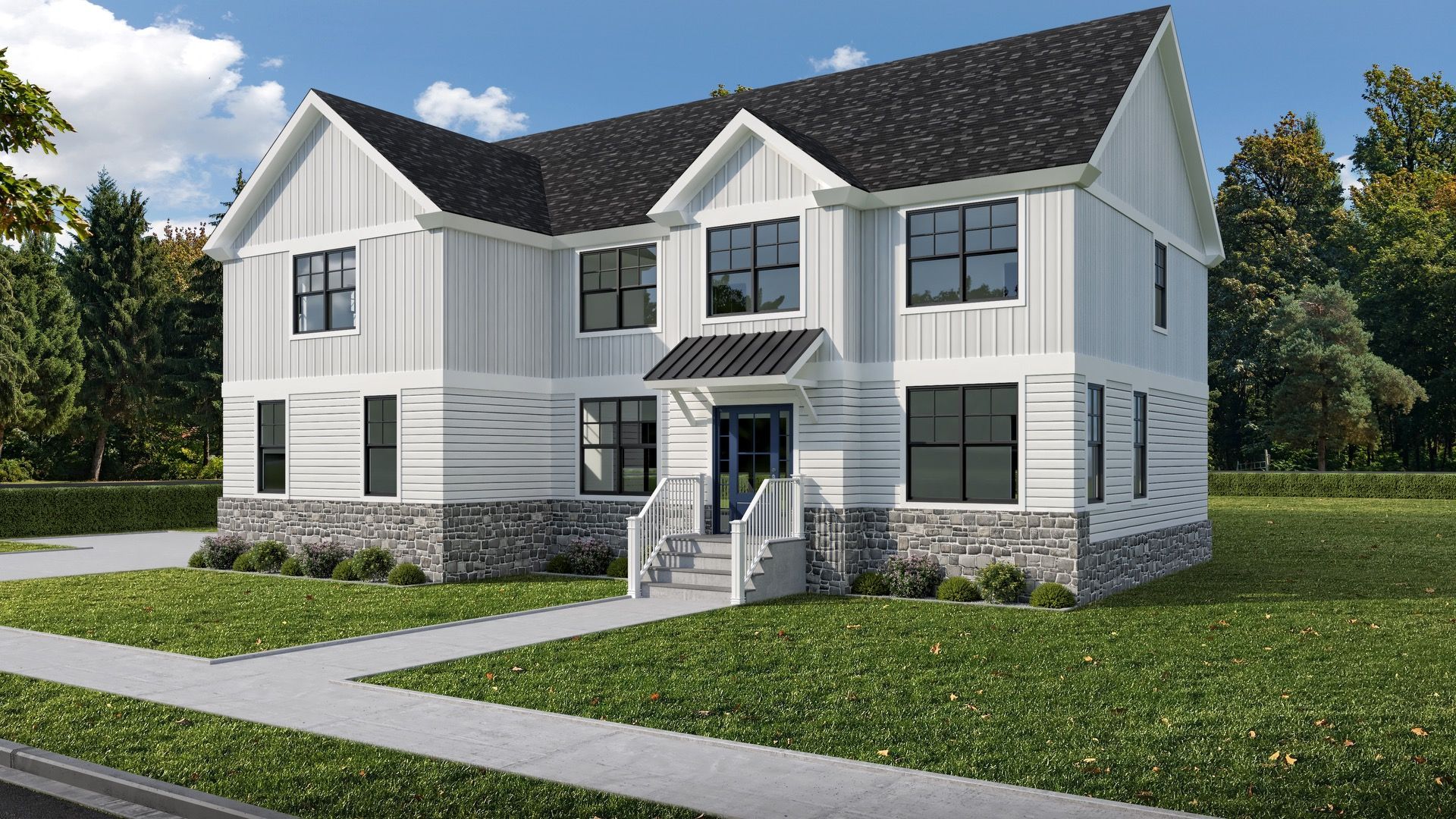 An artist 's impression of a white house with a black roof.