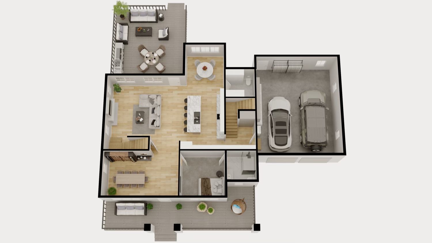 A floor plan of a house with a car in the garage