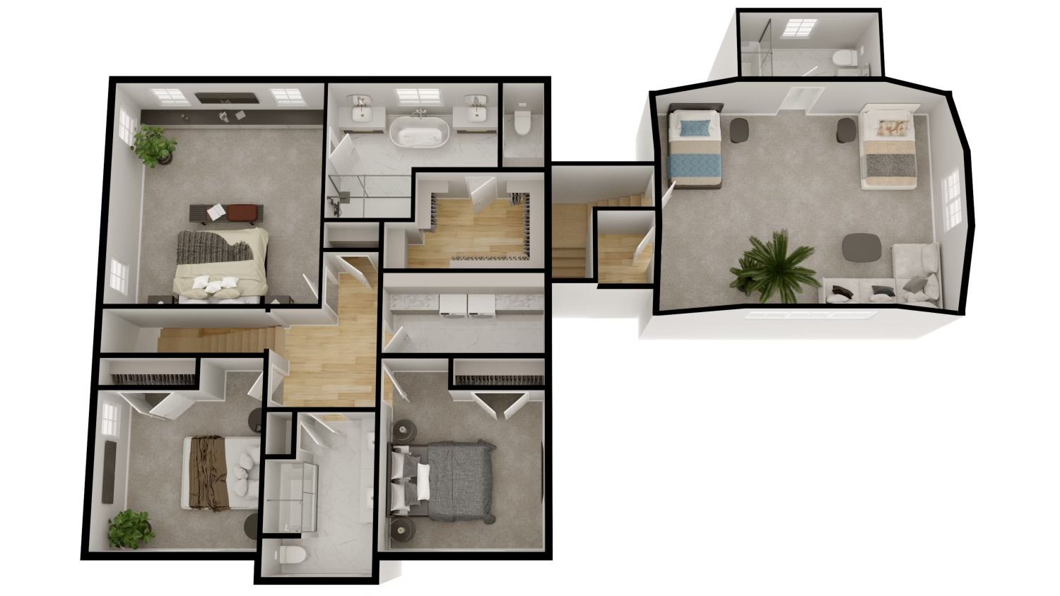 A 3d floor plan of a house with a bedroom , living room , and bathroom.