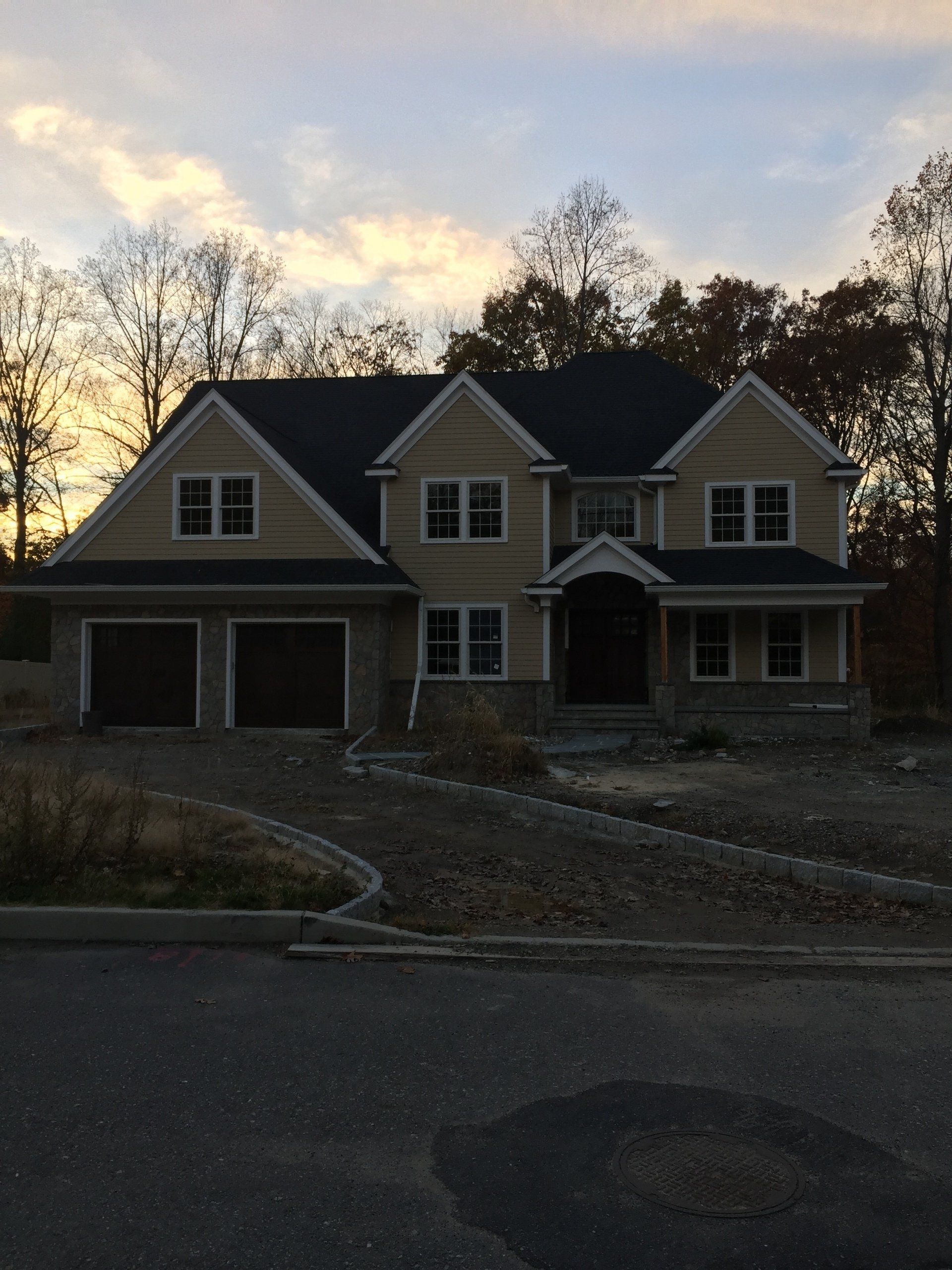 A large house with a blue roof is surrounded by trees