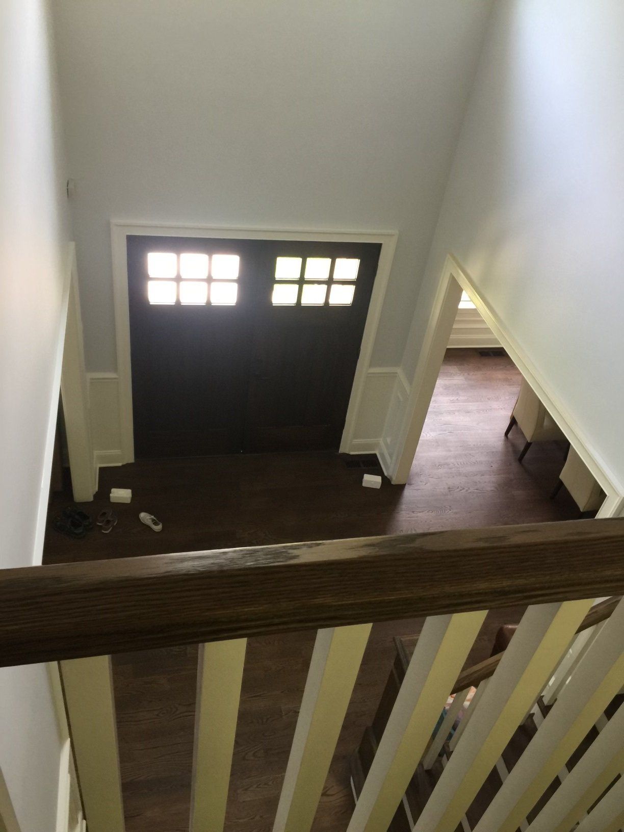 A view of a garage door from the second floor of a house