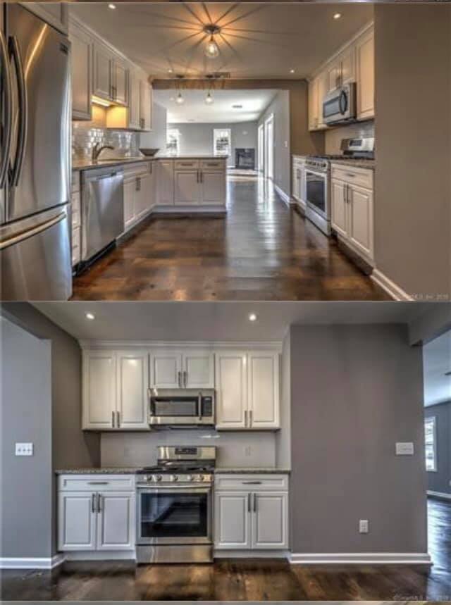 A before and after photo of a kitchen with stainless steel appliances.