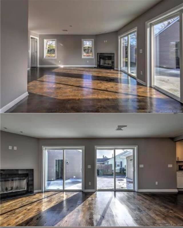 Two pictures of a living room with hardwood floors and sliding glass doors.