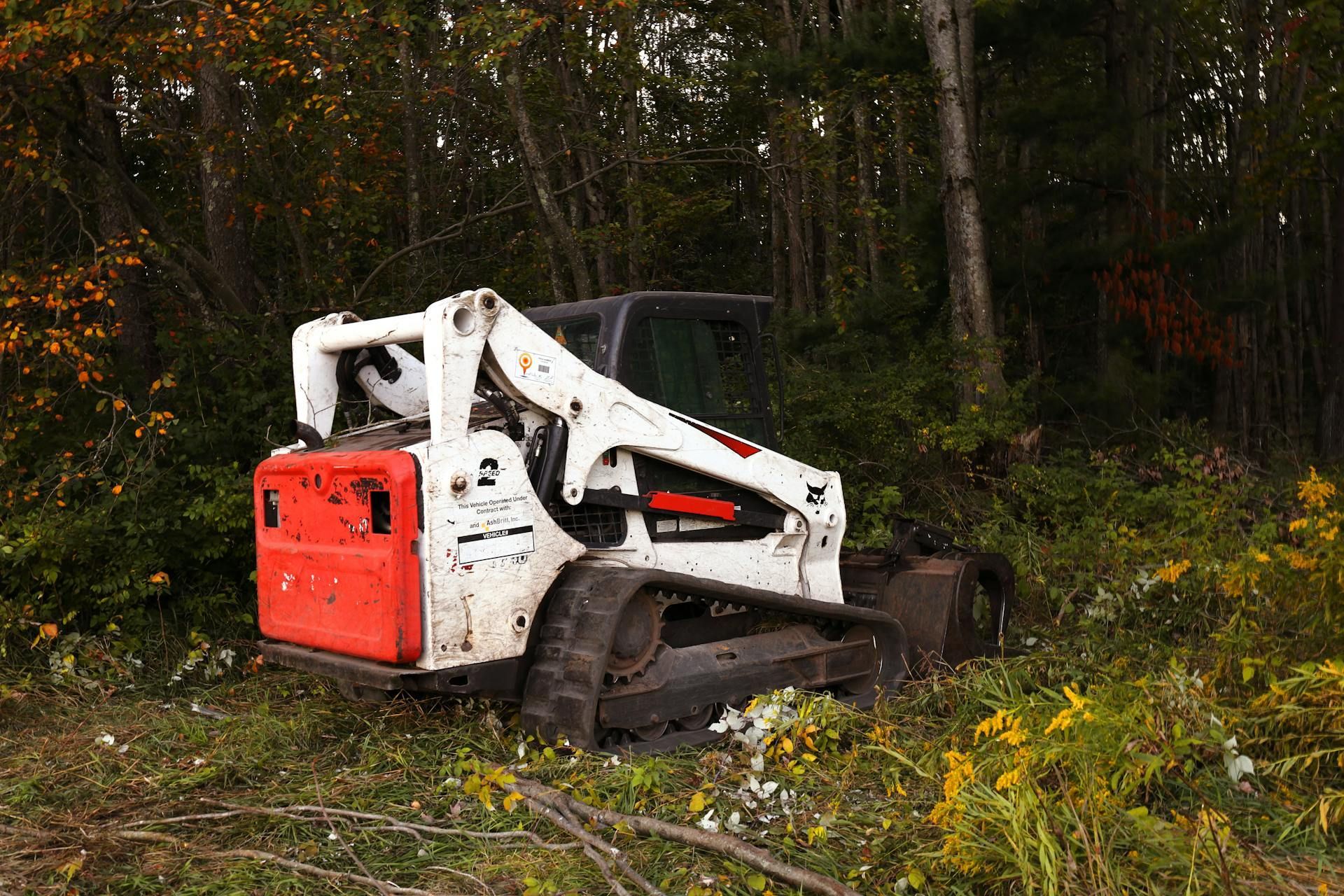 White and orange Bobcat skid-steer in a wooded area, surrounded by vegetation.