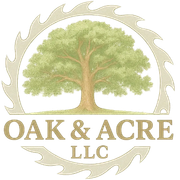 Logo for Oak & Acre LLC: Oak tree in a saw blade frame; text "Oak & Acre LLC" below.