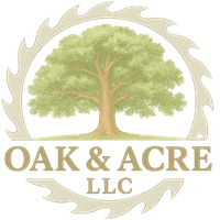 Logo for Oak & Acre LLC: Oak tree in a saw blade frame; text "Oak & Acre LLC" below.
